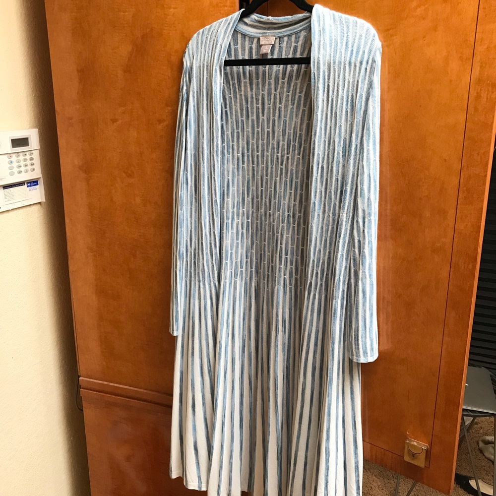 Chico’s shades of blue, white long sweater.